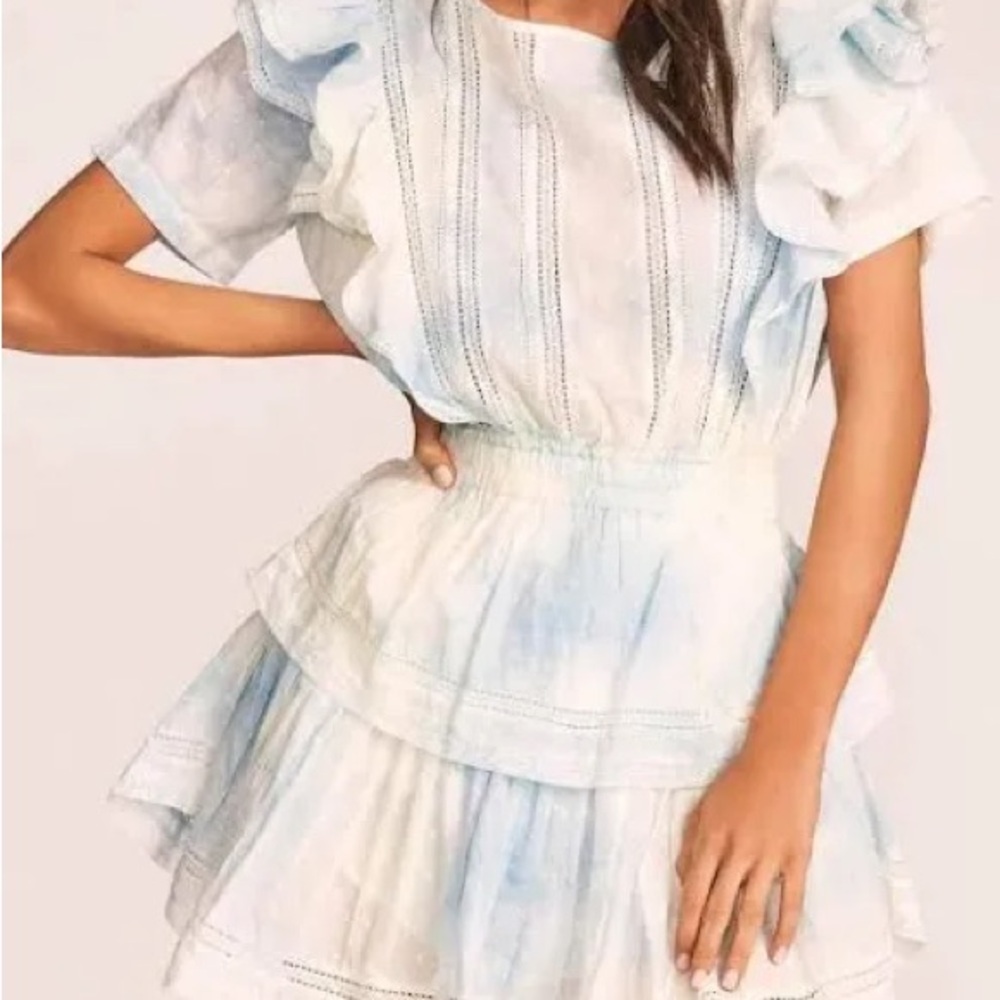 Love Shack Fancy Ruffled Blue and White Dress
